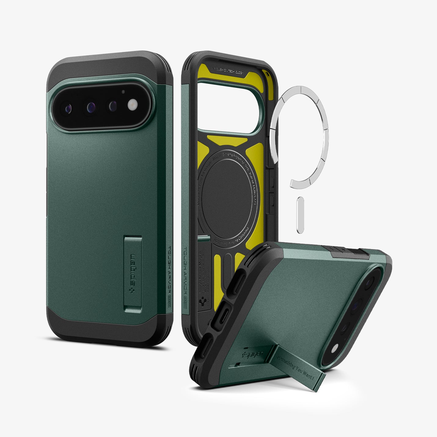ACS11859 - Pixel 11 Pro  Tough Armor (Mag Fit) Abyss Green front, interior, and angled views highlighting the built in kickstand, built in magnetic ring, and multi layer construction.