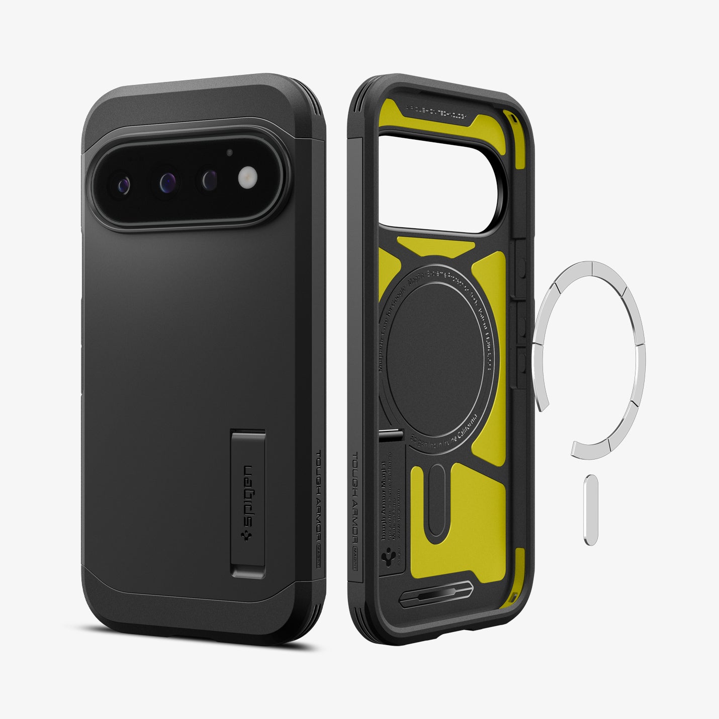 ACS11433 - Pixel 11 Pro  Tough Armor (Mag Fit) Black front and interior views showing the built in magnetic ring, Extreme Protection Foam, and multi layer construction.