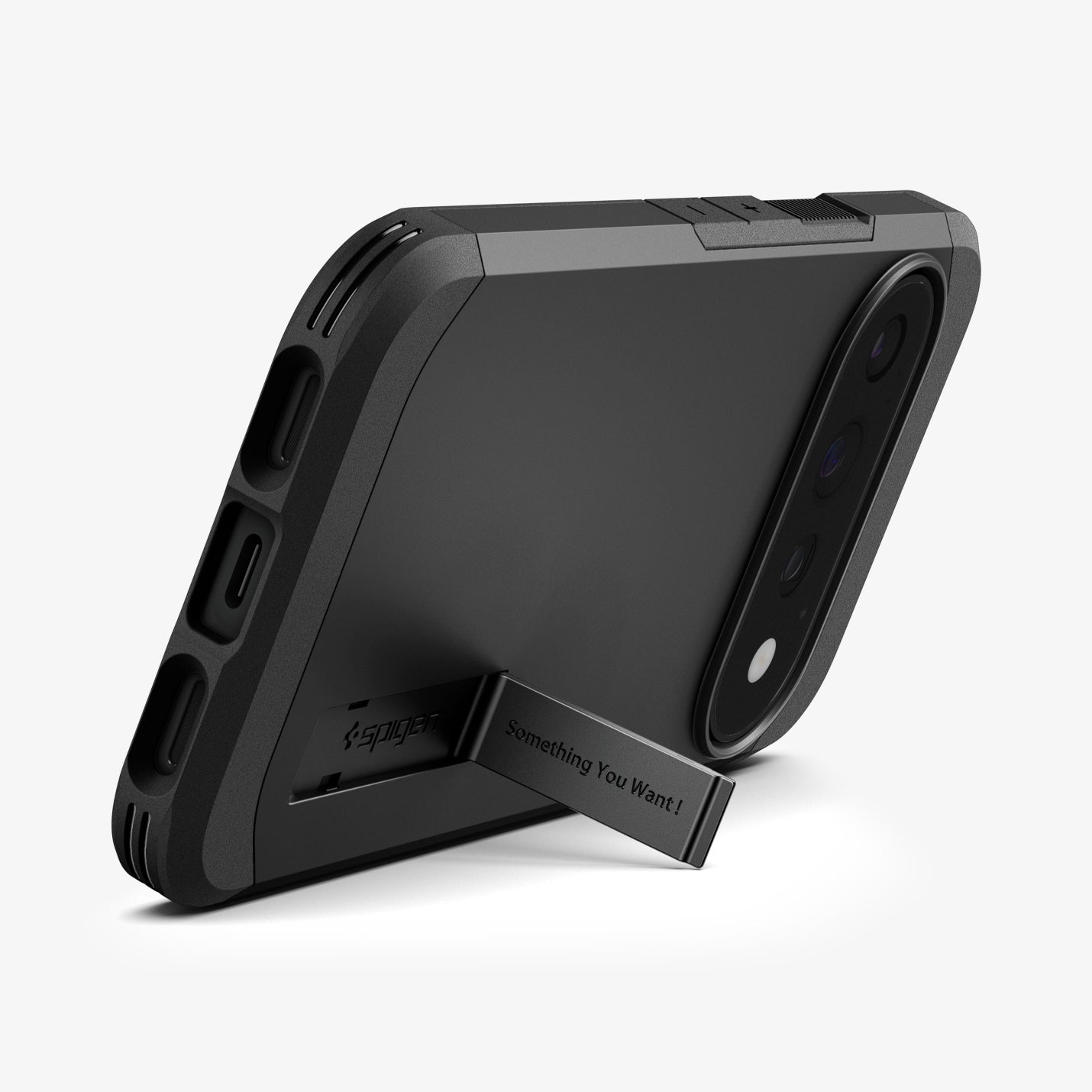 ACS11433 - Pixel 11 Pro  Tough Armor (Mag Fit) Black case displayed with the built in kickstand extended for hands free viewing.