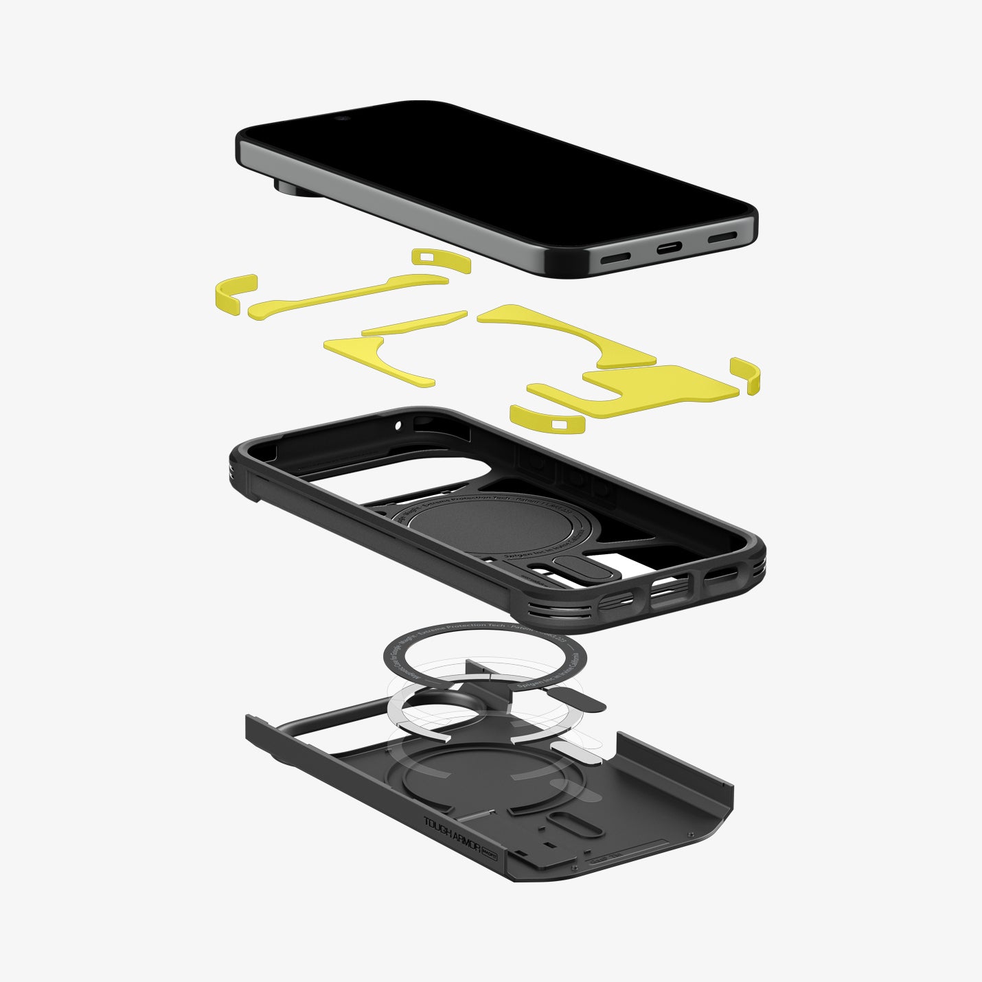 ACS11433 - Pixel 11 Pro  Tough Armor (Mag Fit) Black exploded view showing the multi layer construction, built in magnetic ring, and Extreme Protection Foam.