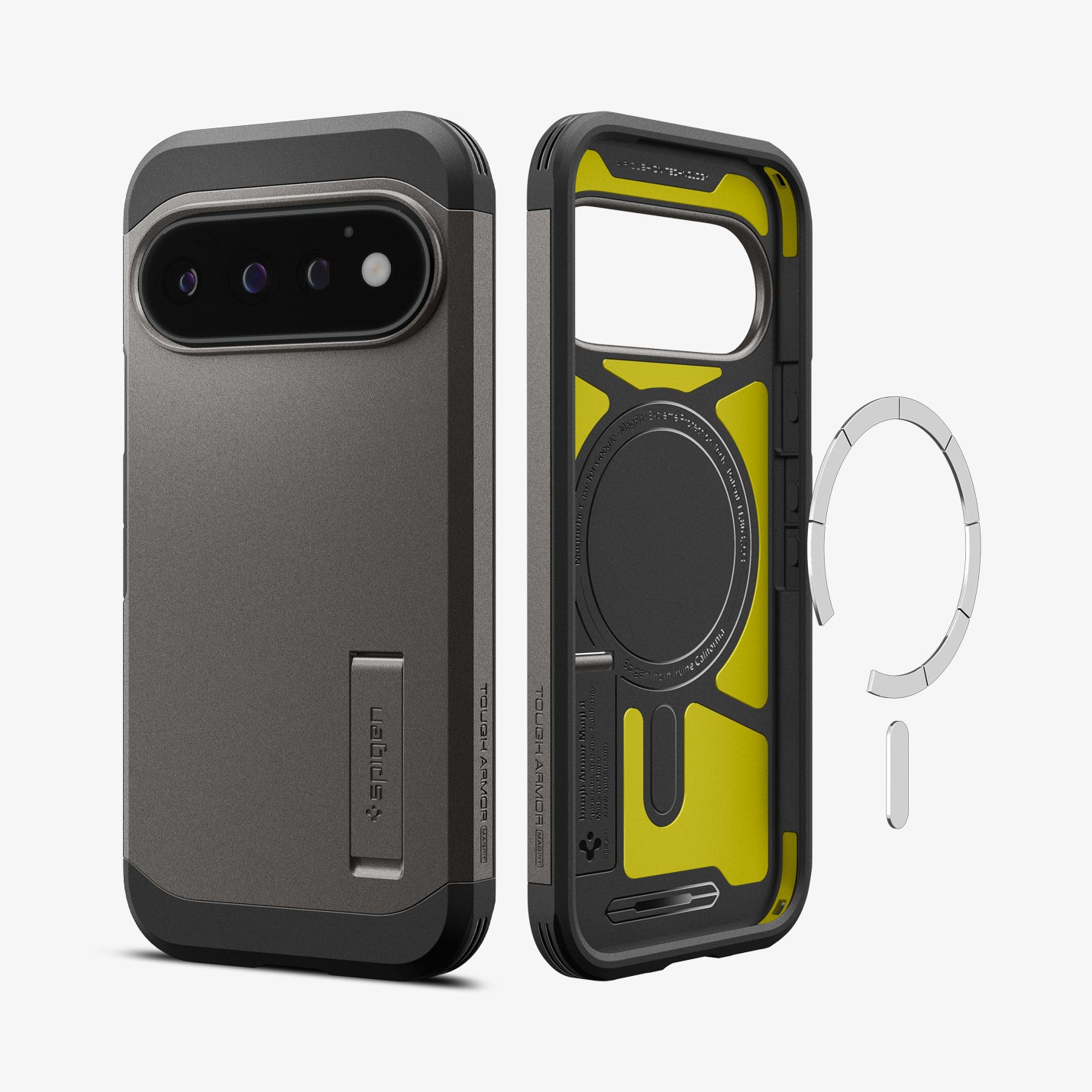 ACS11860 - Pixel 11 Pro  Tough Armor (Mag Fit) Gunmetal front and interior views showing the built in magnetic ring, Extreme Protection Foam, and multi layer construction.