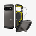 ACS11860 - Pixel 11 Pro  Tough Armor (Mag Fit) Gunmetal front, interior, and angled views highlighting the built in kickstand, built in magnetic ring, and multi layer construction.