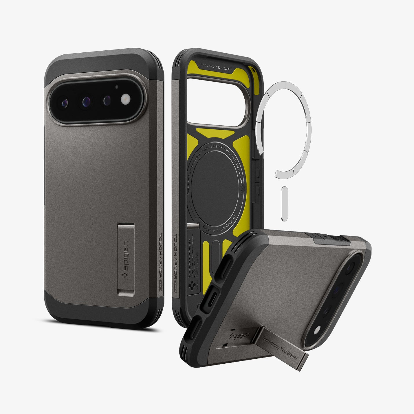 ACS11860 - Pixel 11 Pro  Tough Armor (Mag Fit) Gunmetal front, interior, and angled views highlighting the built in kickstand, built in magnetic ring, and multi layer construction.
