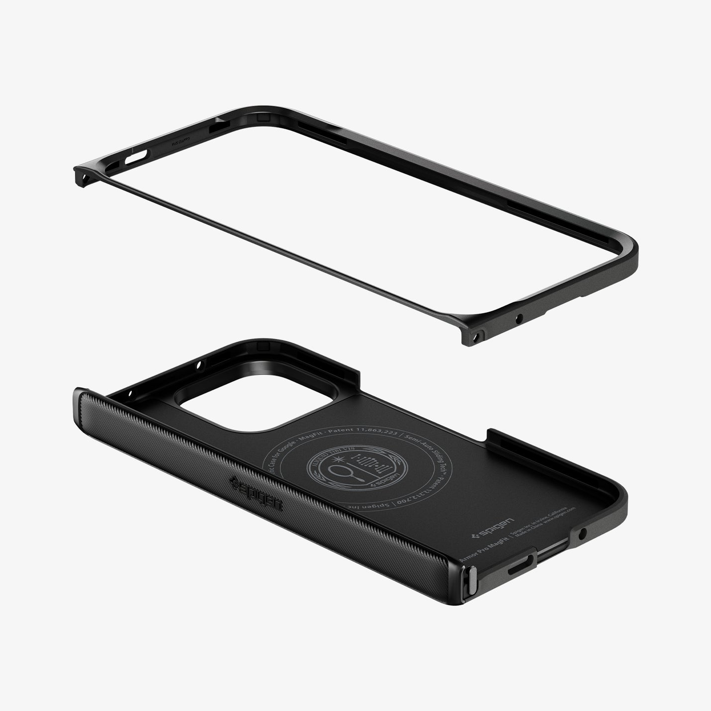 ACS11458 - Pixel 11 Pro Fold Slim Armor Pro (Mag Fit) Black exploded view of the two-piece Slim Armor Pro MagFit case with hinge cover components.