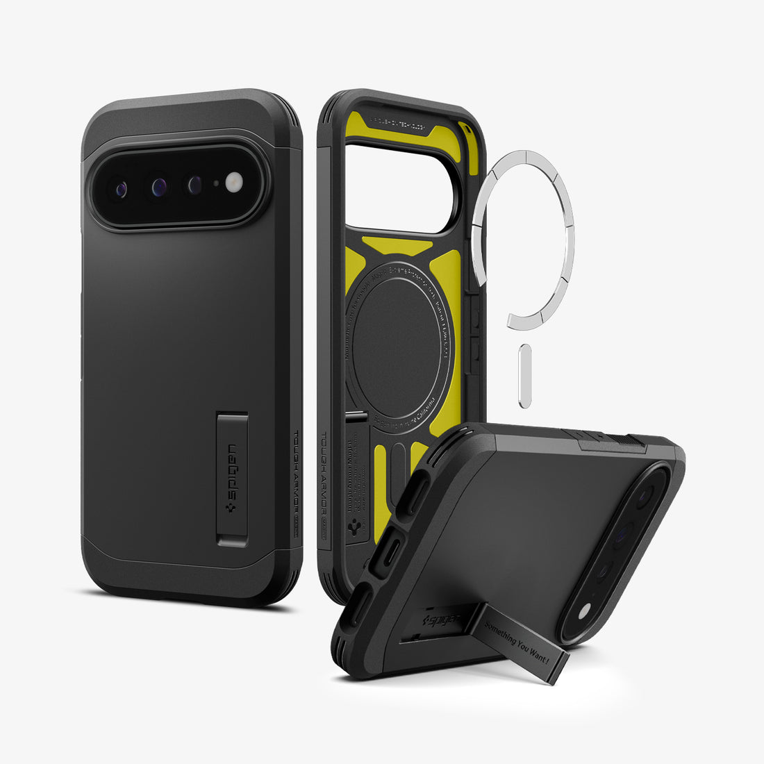 ACS11453 - Pixel 11 Pro XL Tough Armor (Mag Fit) Black front, interior, and angled views highlighting the built in kickstand, built in magnetic ring, and multi layer construction.
