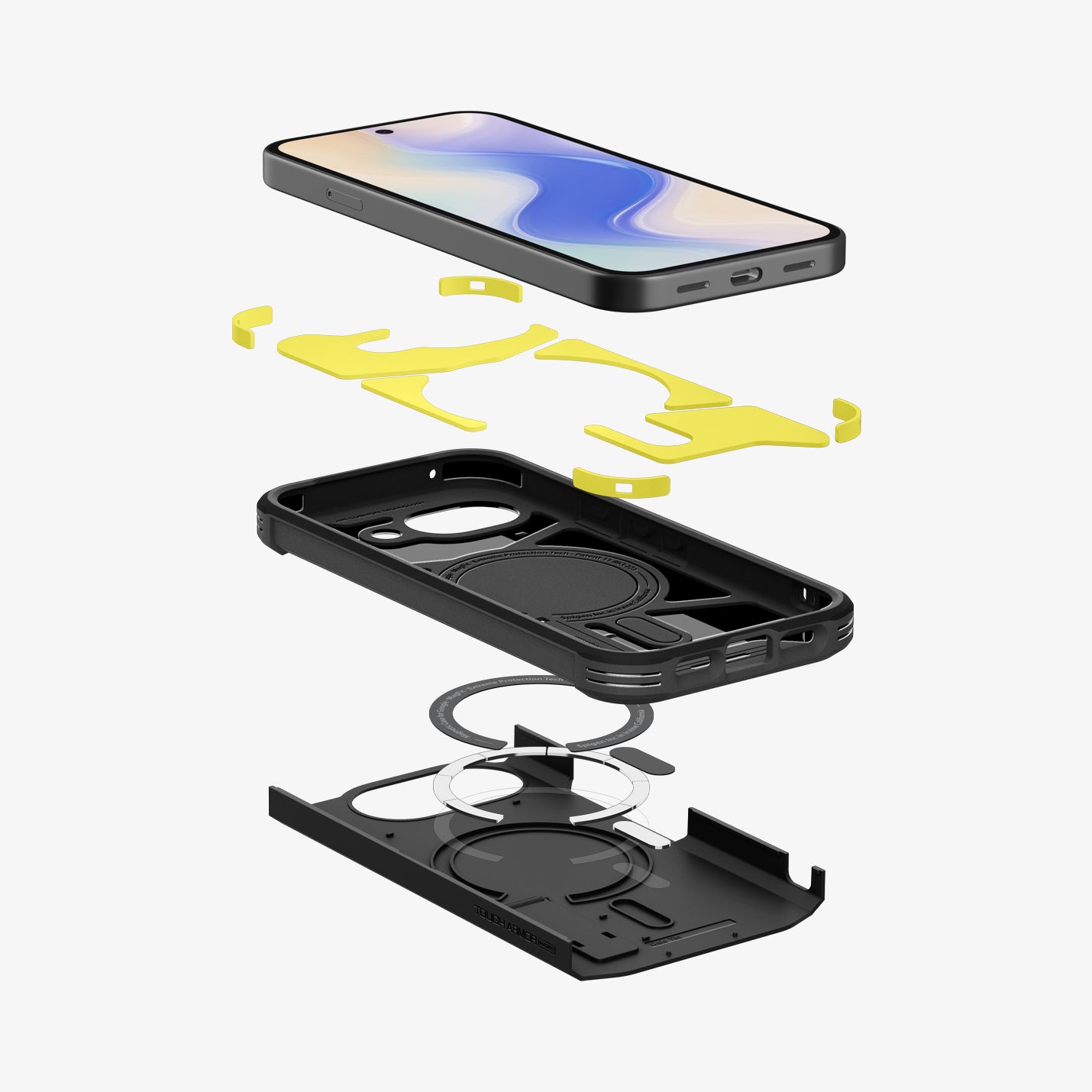 ACS11280 - Pixel 10a Tough Armor (Mag Fit) in Black showing the multiple layers of case hovering below device