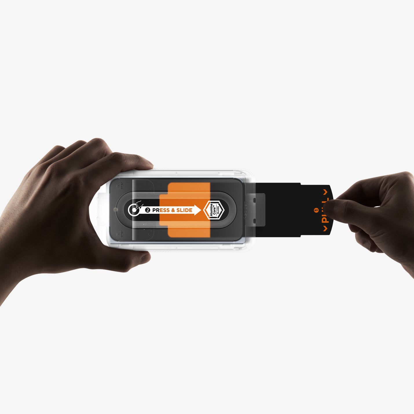 AGL09665 - Pixel 10 Pro Fold Screen Protector EZ Fit Pro GLAS.tR showing a hand pulling the peel strip of ez fit tray