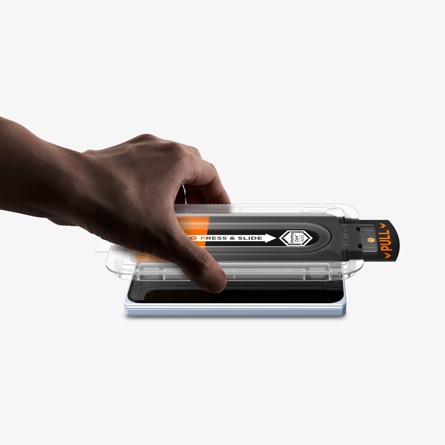 AGL09665 - Pixel 10 Pro Fold Screen Protector EZ Fit Pro GLAS.tR showing a hand placing the ez fit tray onto the device to be installed