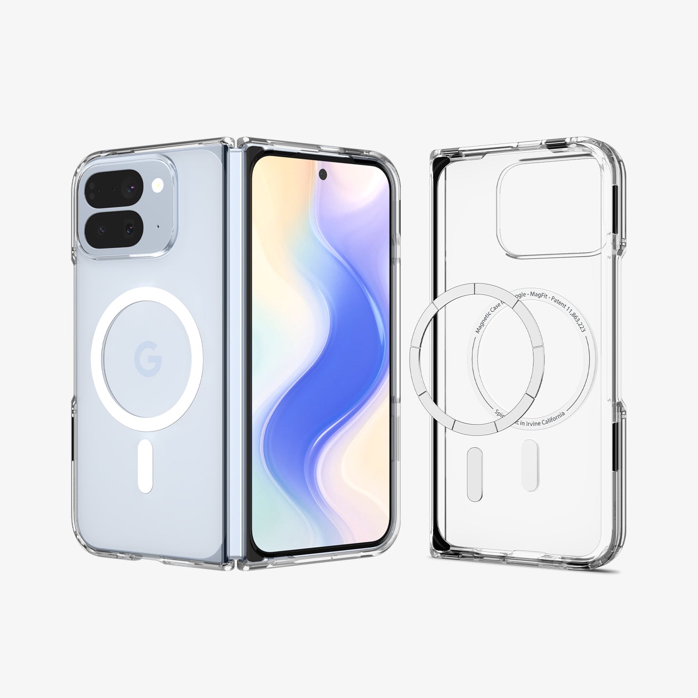 ACS09742 - Pixel 10 Pro Fold Case Ultra Hybrid Metal Ring (MagFit) in crystal clear showing the back, front and inside