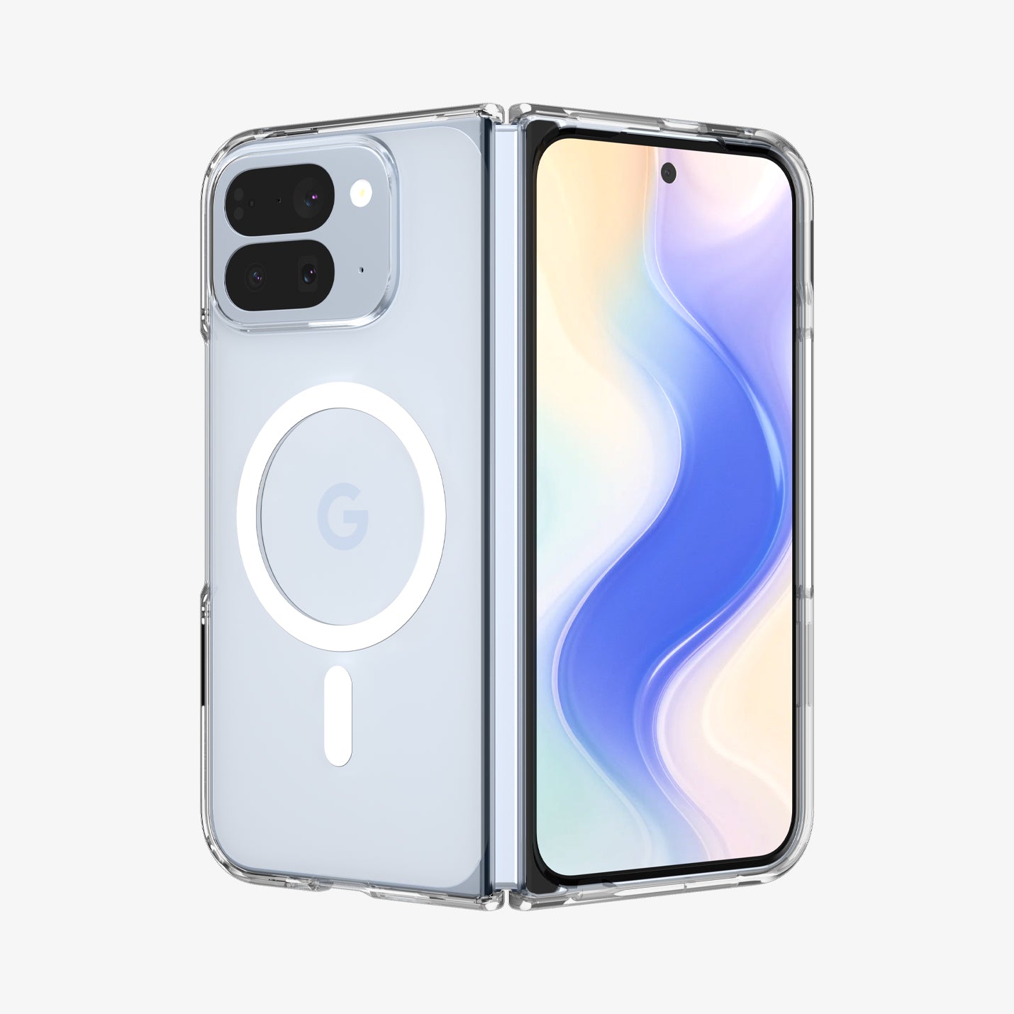 ACS09742 - Pixel 10 Pro Fold Case Ultra Hybrid Metal Ring (MagFit) in crystal clear showing the back, hinge and front