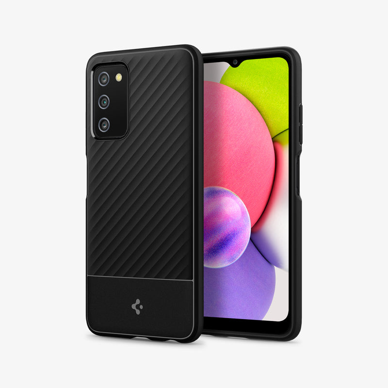 ACS04297 - Galaxy A03s (NA) Case Core Armor in Matte Black showing the back next to it is a device showing front