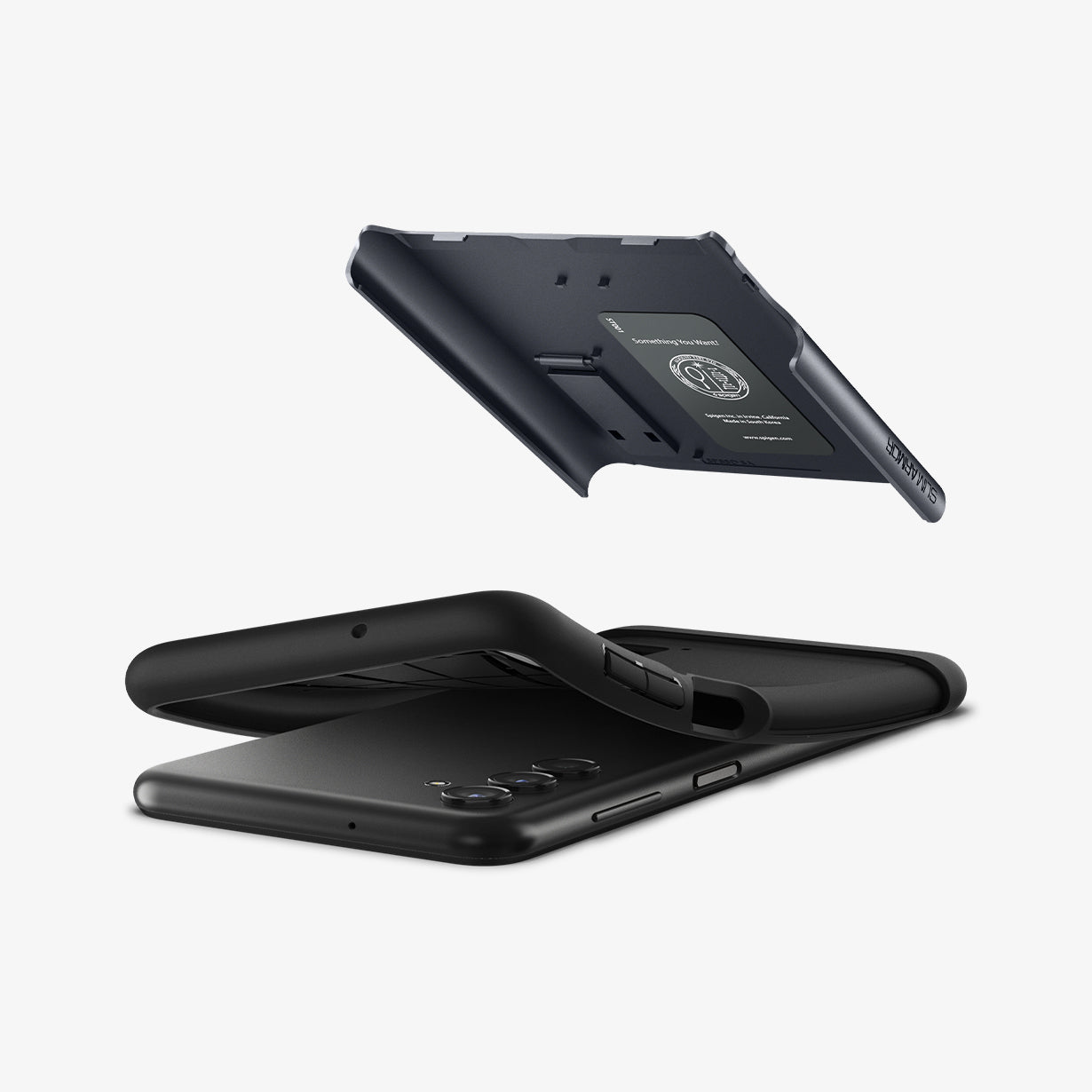 ACS04202 - Galaxy A13 5G Case Slim Armor in Metal Slate showing the hard back hard layer case hovering above the soft tpu layer case and the device