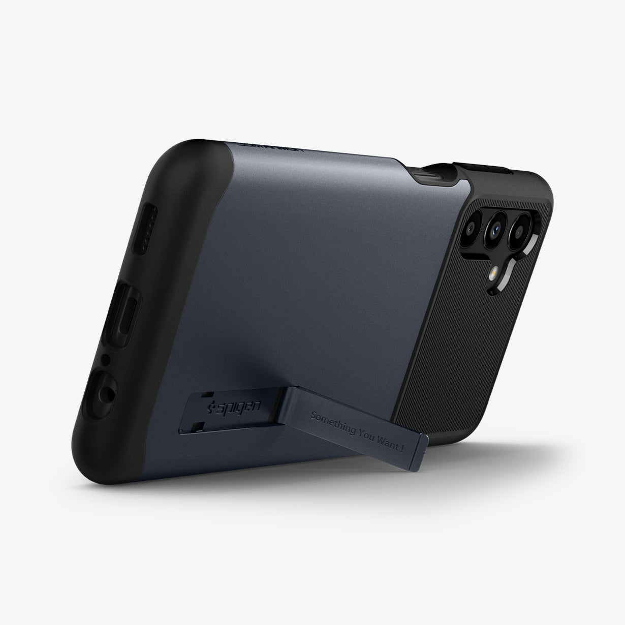 ACS04202 - Galaxy A13 5G Case Slim Armor in Metal Slate showing the back, partial side and bottom with a built-in kickstand propped up