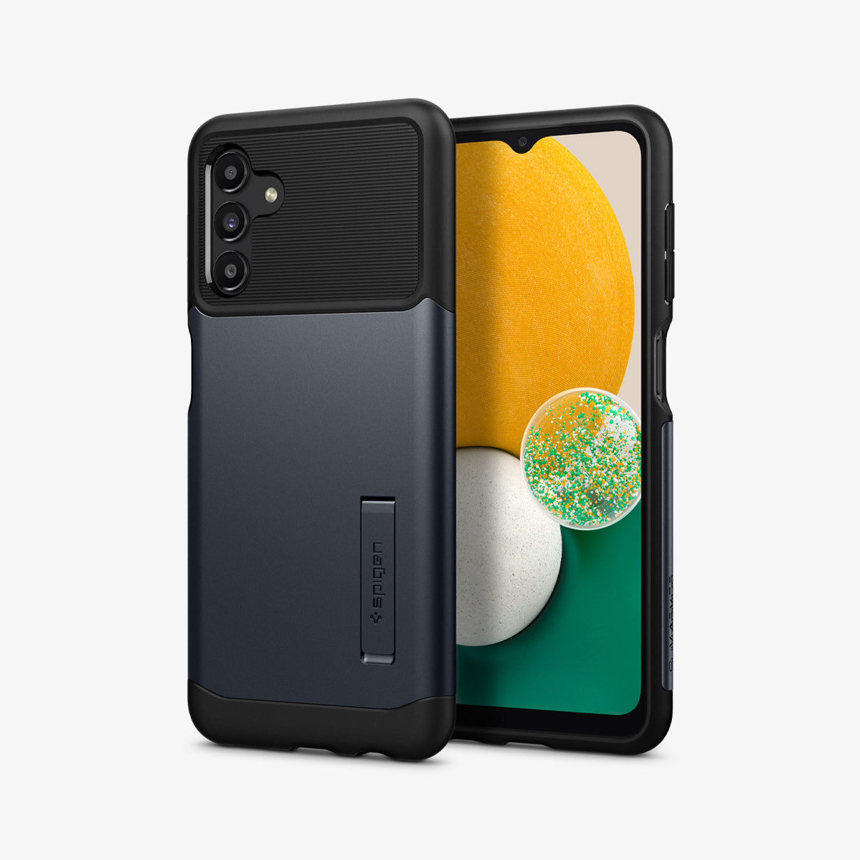 ACS04202 - Galaxy A13 5G Case Slim Armor in Metal Slate showing the back, next to it is another device showing front