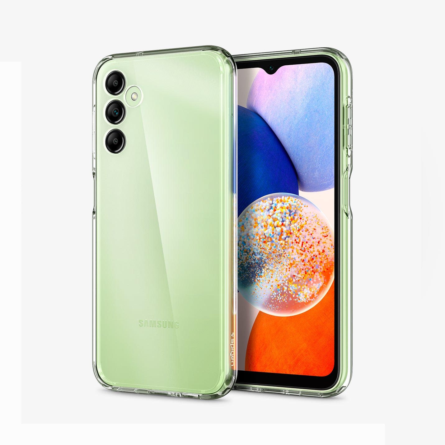 ACS05846 - Galaxy A14 5G (NA) Case Ultra Hybrid in Crystal Clear showing the back, next to it is another device showing front