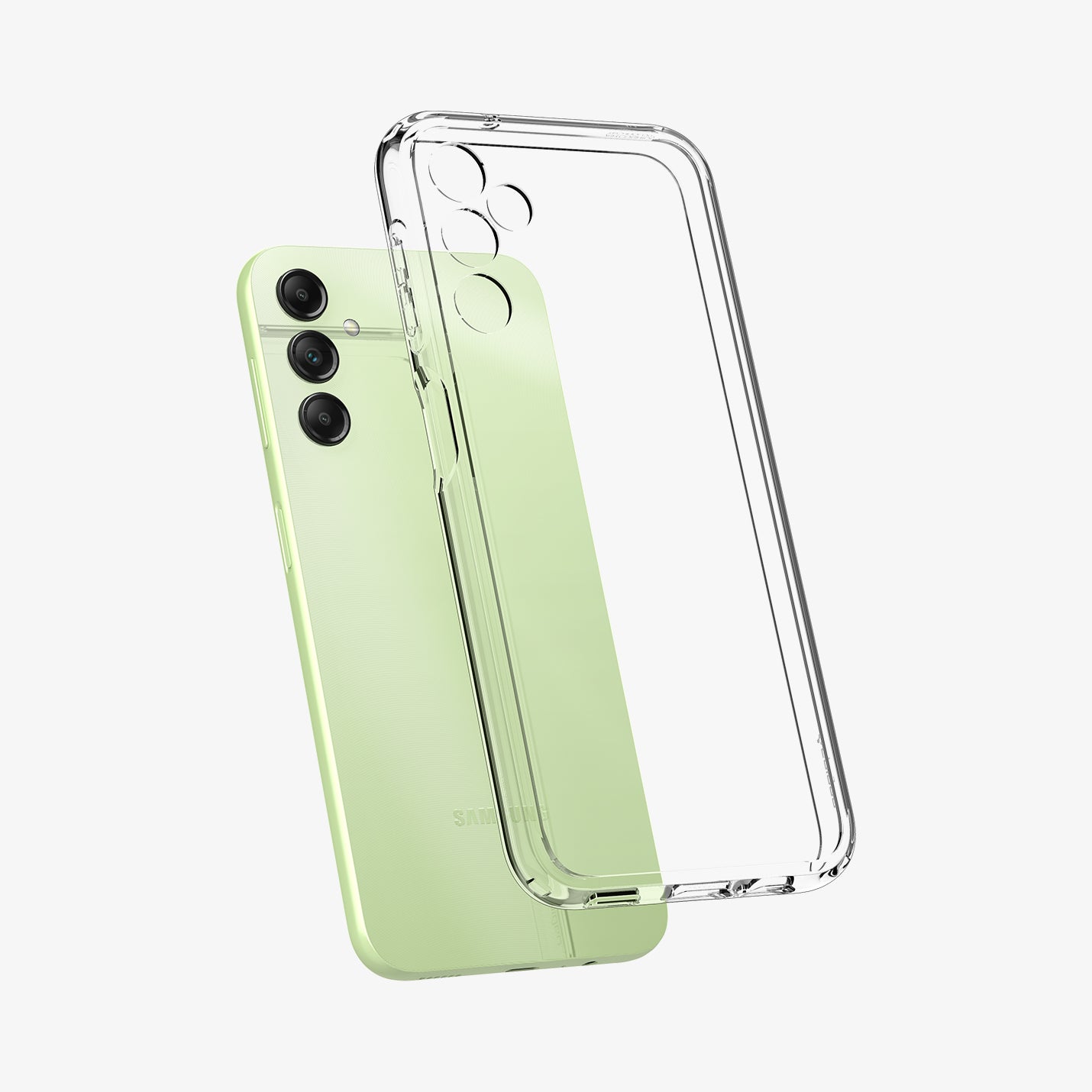 ACS05846 - Galaxy A14 5G (NA) Case Ultra Hybrid in Crystal Clear showing the clear tpu back case hovering in front of a device