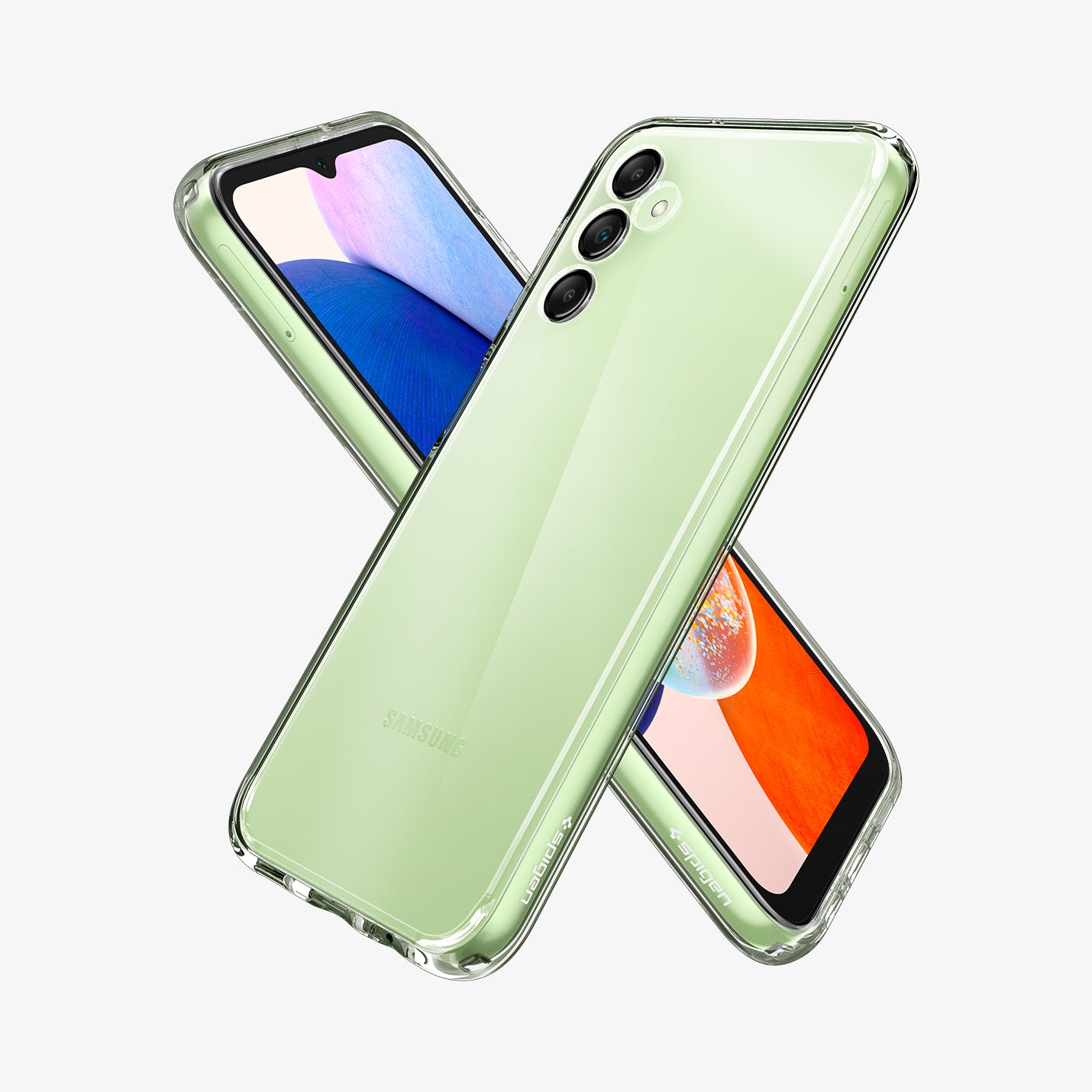 ACS05846 - Galaxy A14 5G (NA) Case Ultra Hybrid in Crystal Clear showing the back, partial side behind it is another device showing partial front and side