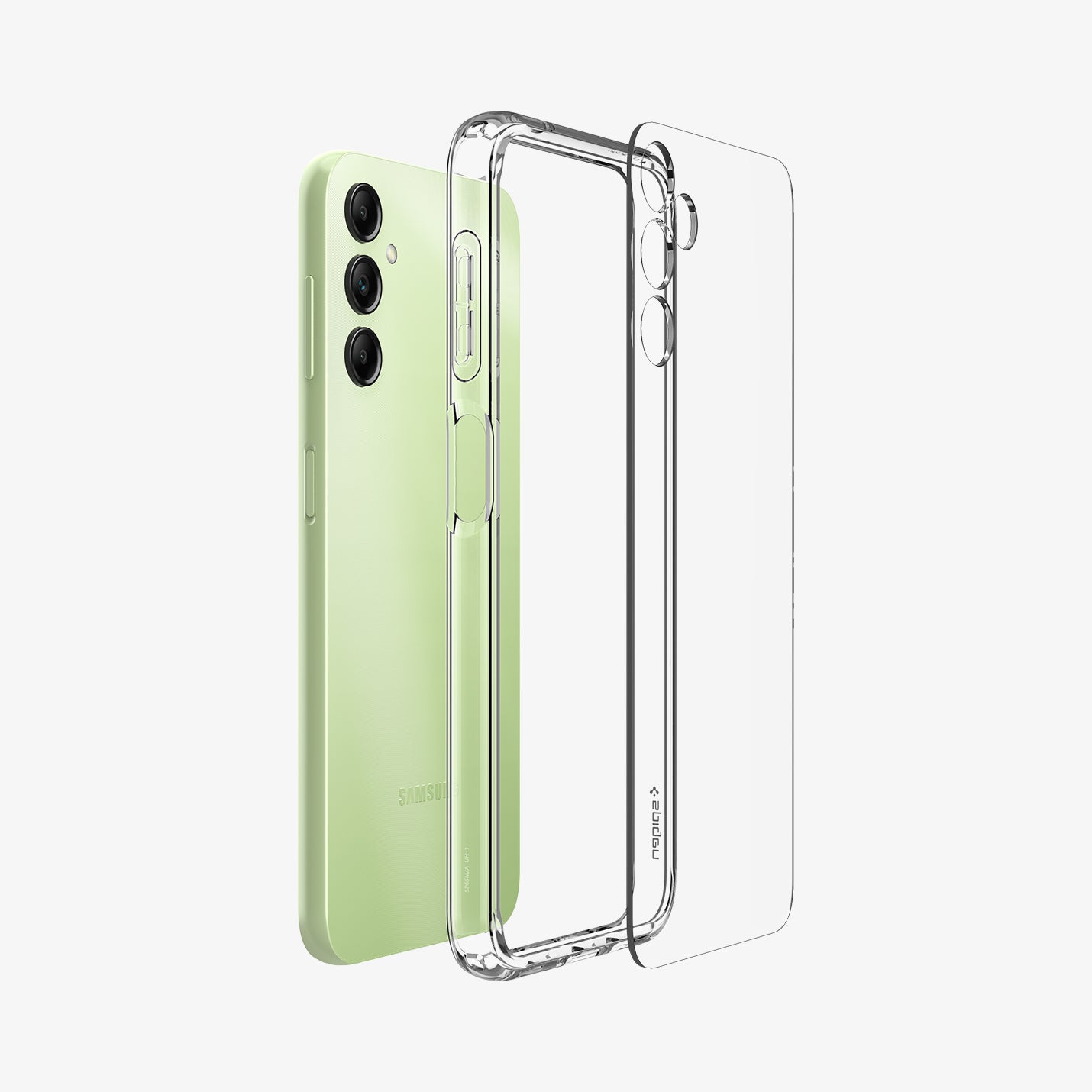 ACS05846 - Galaxy A14 5G (NA) Case Ultra Hybrid in Crystal Clear showing the back clear hard layer hovering in front of a clear tpu frame and a device