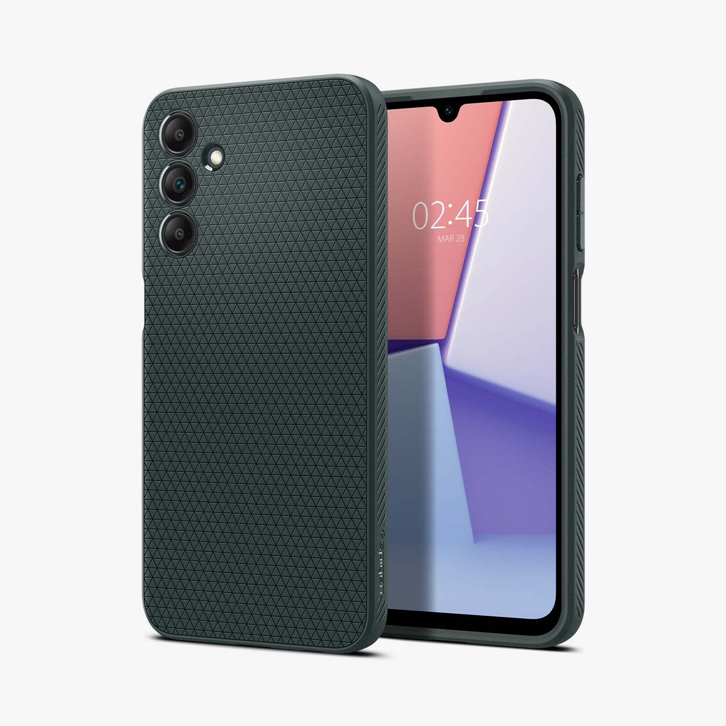 ACS07247 - Galaxy A15 5G Case Liquid Air in Abyss Green showing the back, next to it is a device showing front
