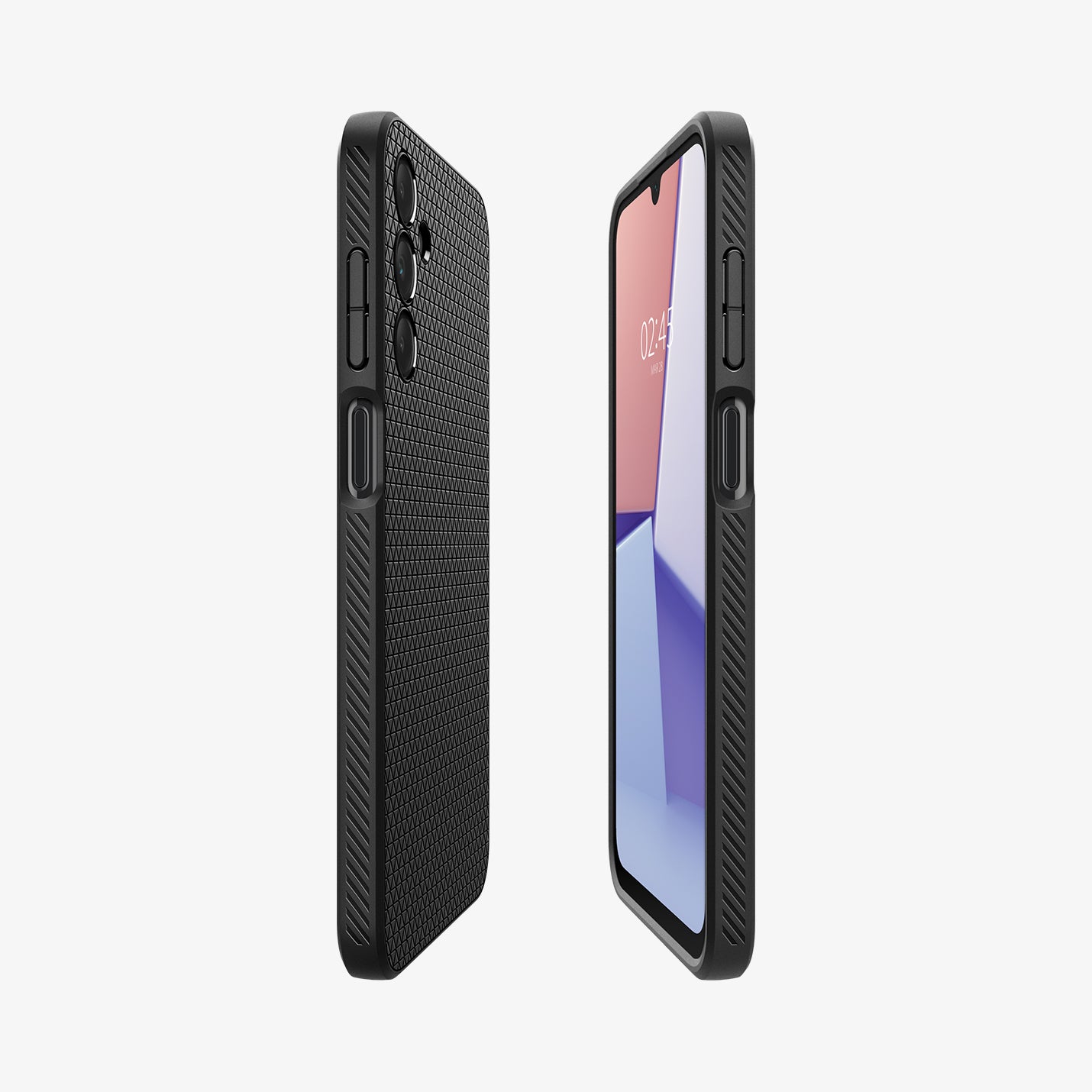 ACS07246 - Galaxy A15 5G Case Liquid Air in Matte Black showing the partial sides, partial front and back of both devices aligned with each other