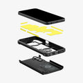 ACS07242 - Galaxy A15 5G Case Tough Armor in Black showing the device hovering above the impact foam tpu frame detached from a hard layer back case