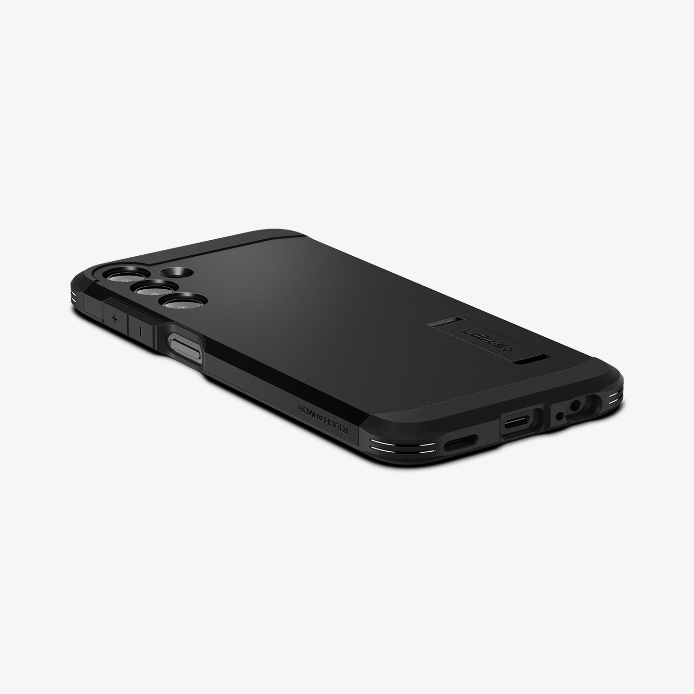 ACS07242 - Galaxy A15 5G Case Tough Armor in Black showing the back partial side and bottom on a flat surface