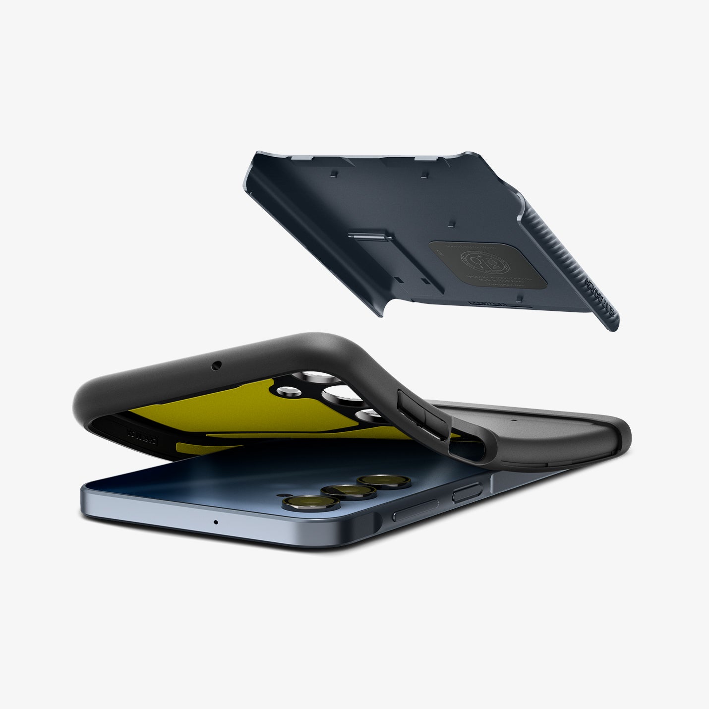 ACS09014 - Galaxy A16 Case Slim Armor in Metal Slate showing the back cover hovering above the soft back of the case slightly lifted up from the device