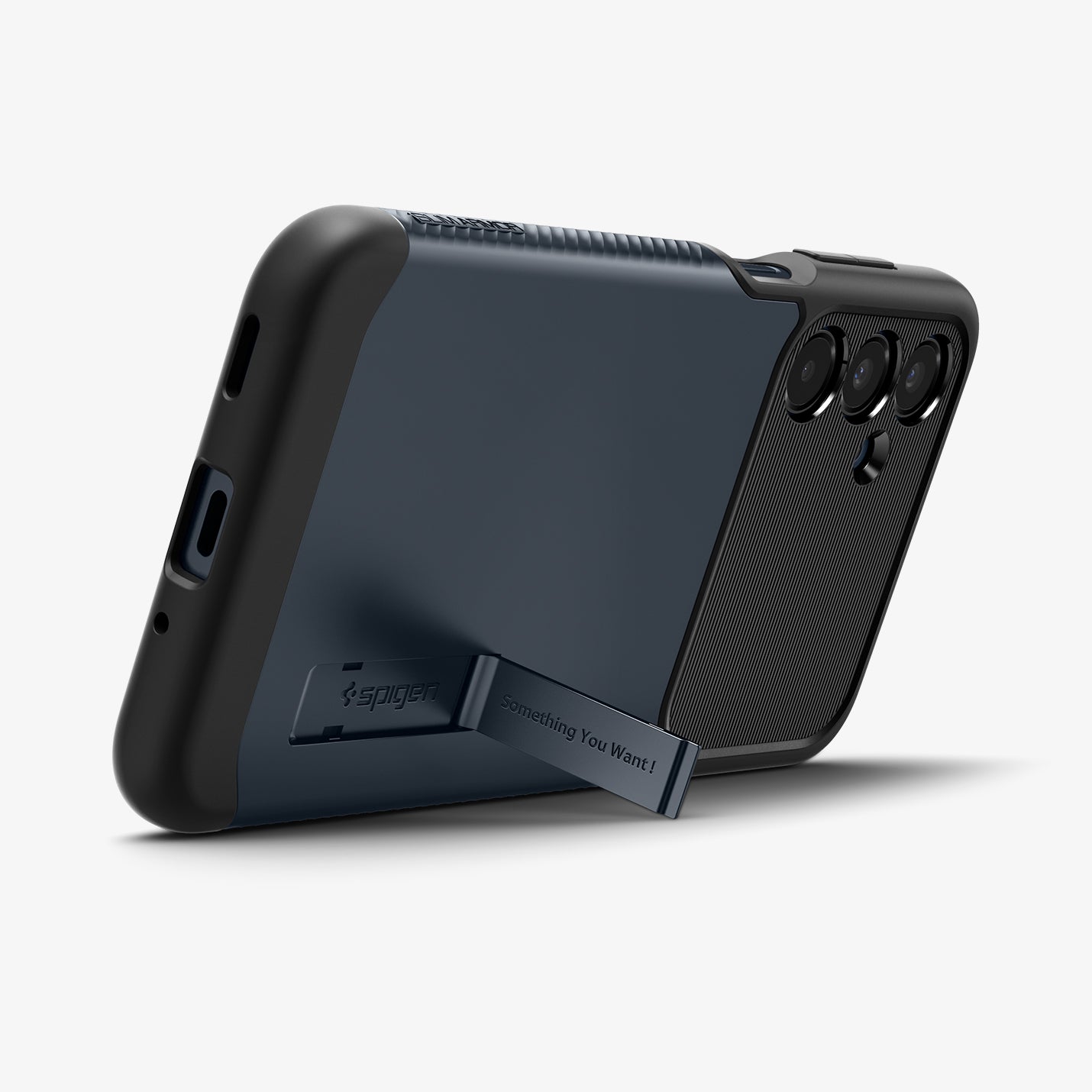 ACS09014 - Galaxy A16 Case Slim Armor in Metal Slate showing the back, partial side and bottom with built-in kickstand propped up