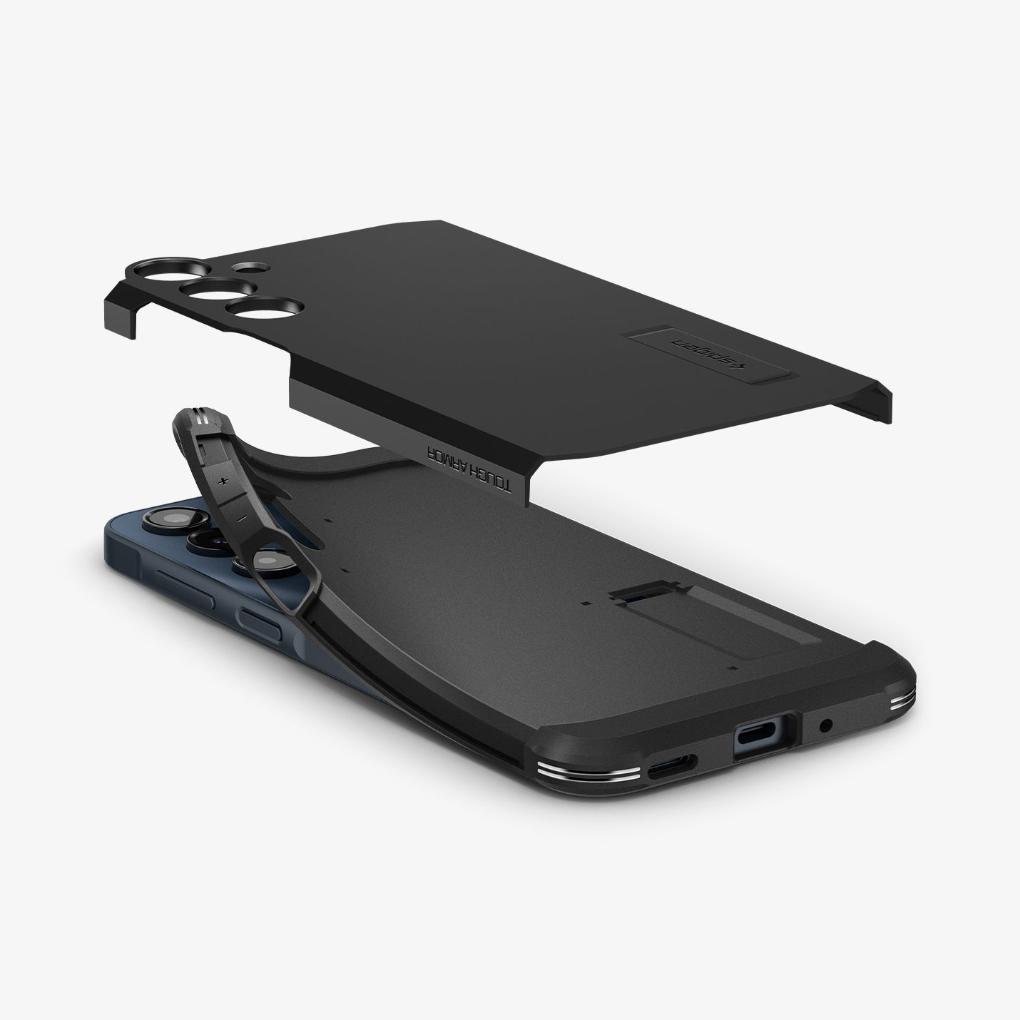 ACS08889 - Galaxy A16 5G Case Tough Armor in Black showing the hard back cover hovering above the soft back layer partially lifted on left top edge of the device face down