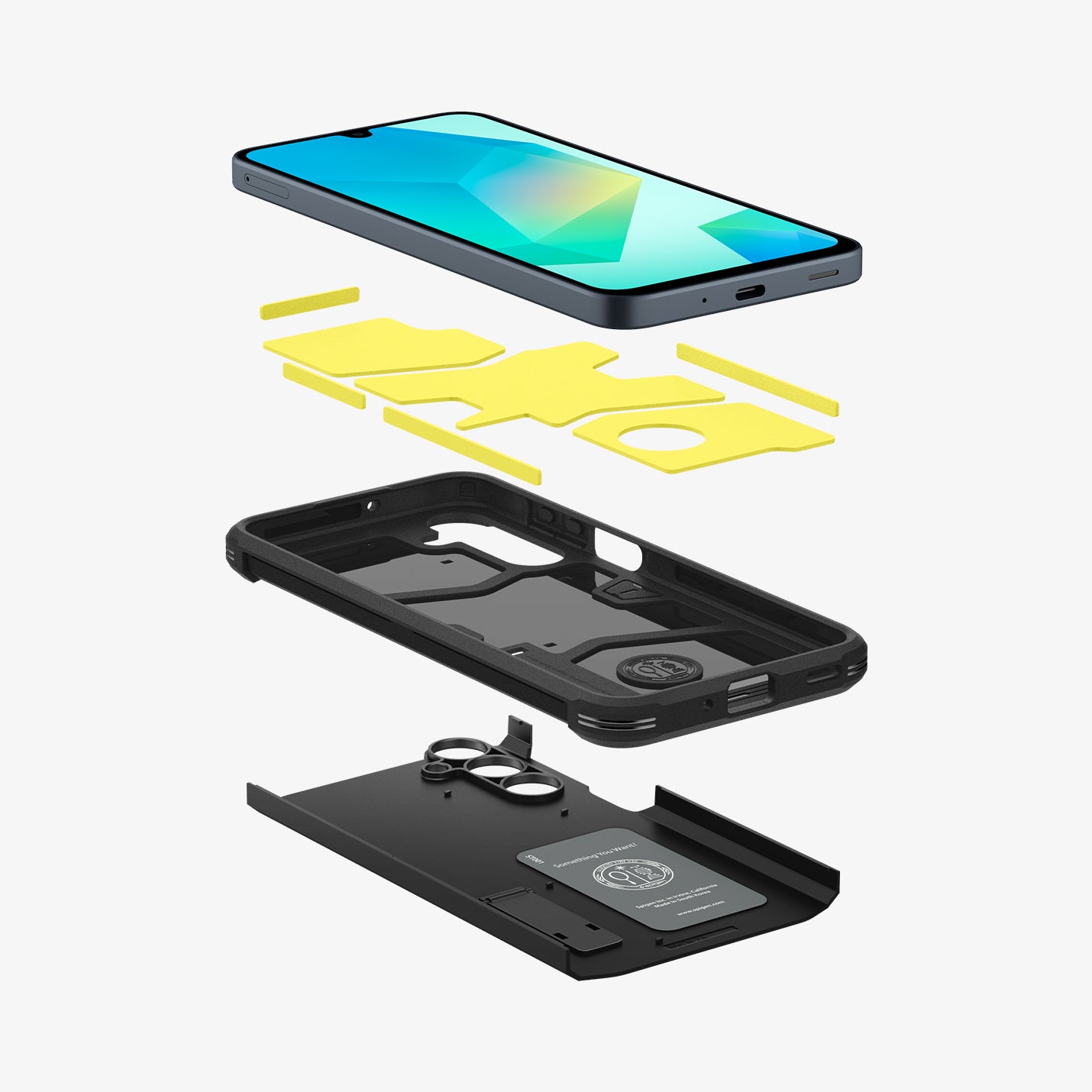 ACS08889 - Galaxy A16 5G Case Tough Armor in Black showing the device hovering above the impact foam detached from the tpu frame and hard back layer case