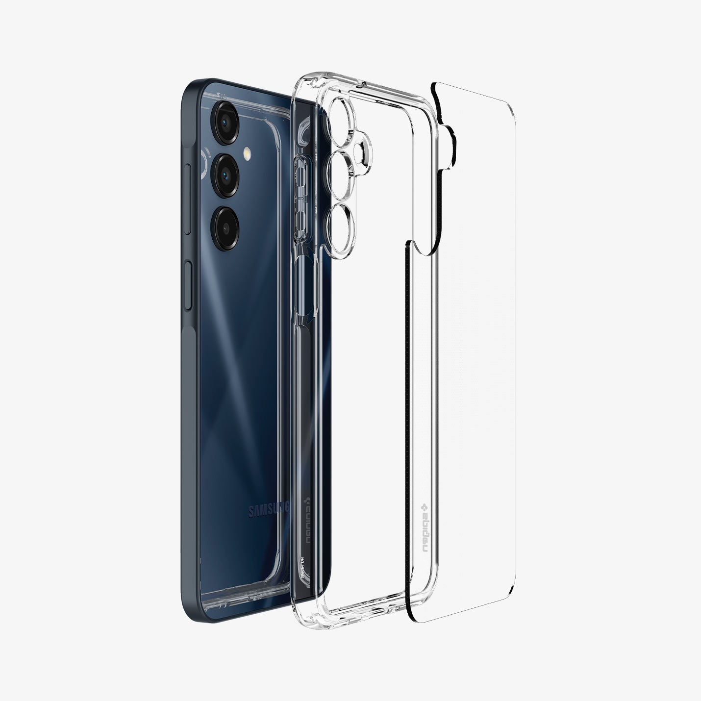 ACS08890 - Galaxy A16 5G Case Ultra Hybrid in Crystal Clear showing the back layer case detached from the tpu frame and the device aligned with each other