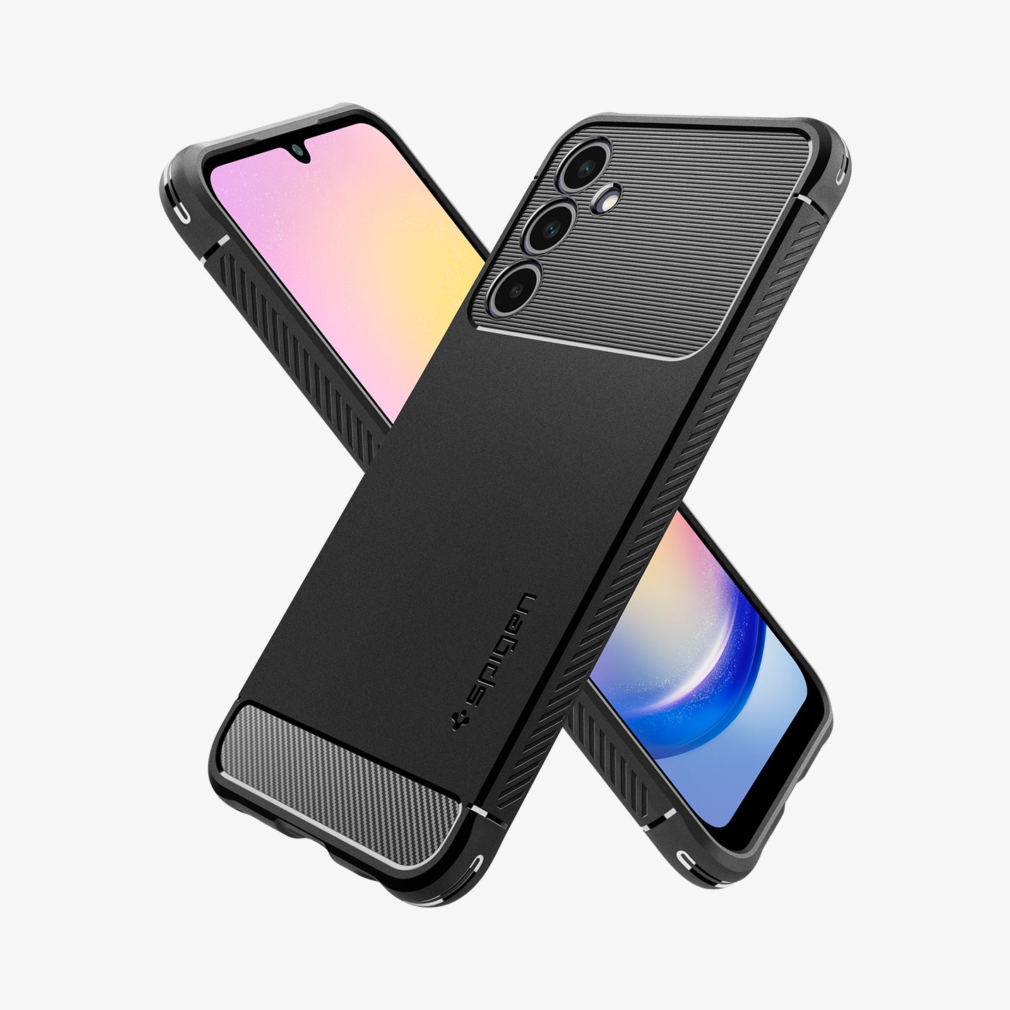 ACS06831 - Galaxy A25 5G Case Rugged Armor in Matte Black showing the back, partial side behind it is another device showing front and partial side