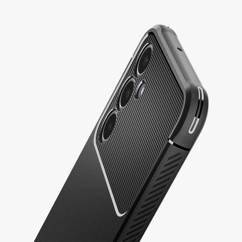 ACS06831 - Galaxy A25 5G Case Rugged Armor in Matte Black showing the back partial top and side zoomed in