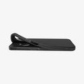 ACS09290 - Galaxy A26 5G Case Liquid Air in Matte Black showing the partial back and side, partially lifted from the upper corner of the device laying flat