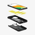 ACS04319 - Galaxy A33 5G Case Tough Armor in Black showing the front of a device hovering above the impact foam detached from the frame and back hard layer of the case