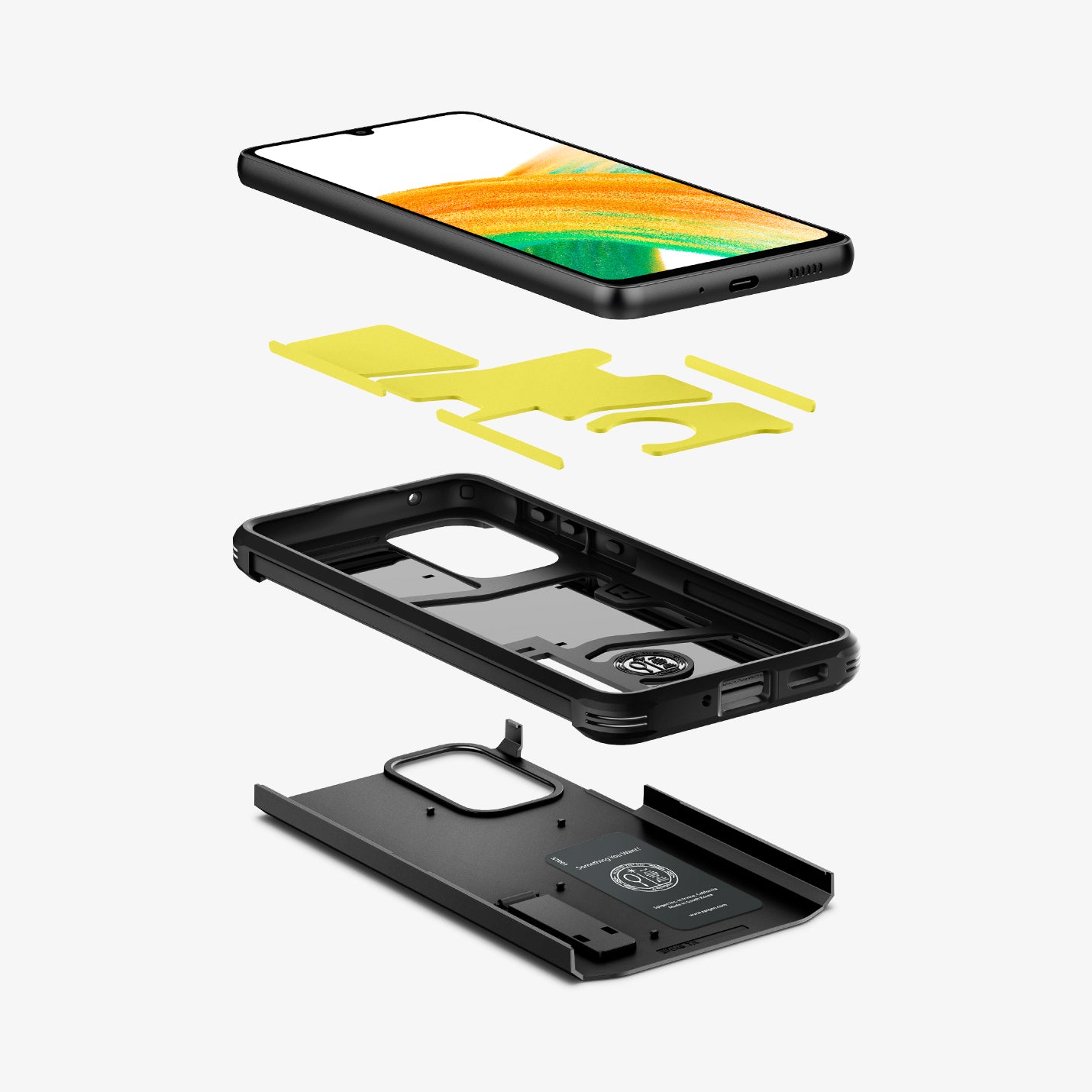 ACS04319 - Galaxy A33 5G Case Tough Armor in Black showing the front of a device hovering above the impact foam detached from the frame and back hard layer of the case