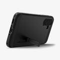 ACS09166 - Galaxy A36 5G Case Tough Armor in Black showing the back and bottom, with built-in kickstand propped up