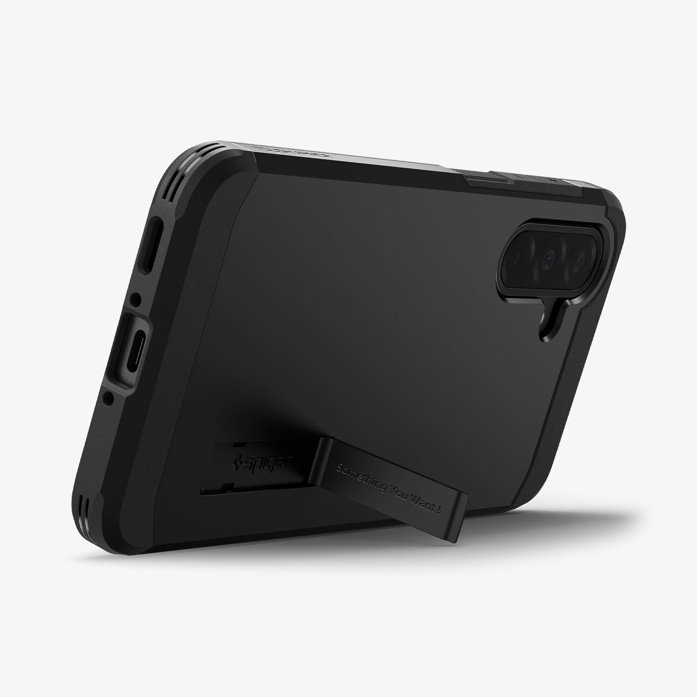 ACS09166 - Galaxy A36 5G Case Tough Armor in Black showing the back and bottom, with built-in kickstand propped up