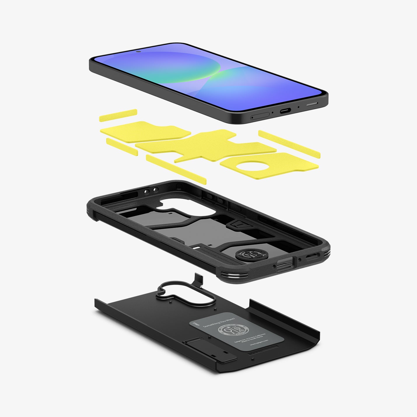 ACS09166 - Galaxy A36 5G Case Tough Armor in Black showing the device hovering above the detached impact foam, tpu frame and back layer of the case