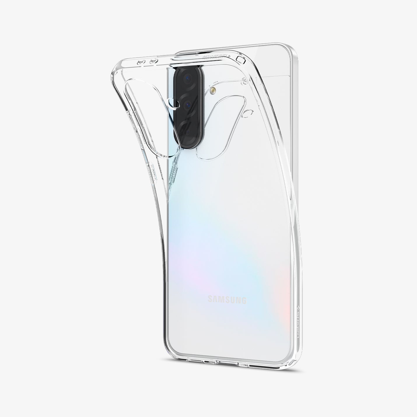 ACS09167 - Galaxy A36 5G Case Liquid Crystal in Crystal Clear showing the back of clear case partially peeled from the back of the device