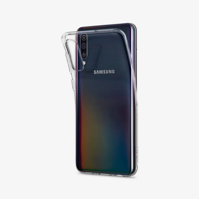 611CS26200 - Galaxy A50 Case Liquid Crystal in Crystal Clear showing the back of clear case partially peeled from the device