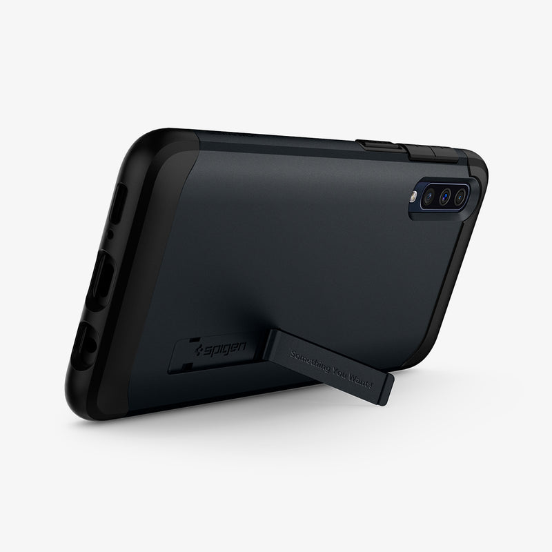 611CS26021 - Galaxy A50 Case Slim Armor in Metal Slate showing the back, partial side and bottom with a built-in kickstand propped up