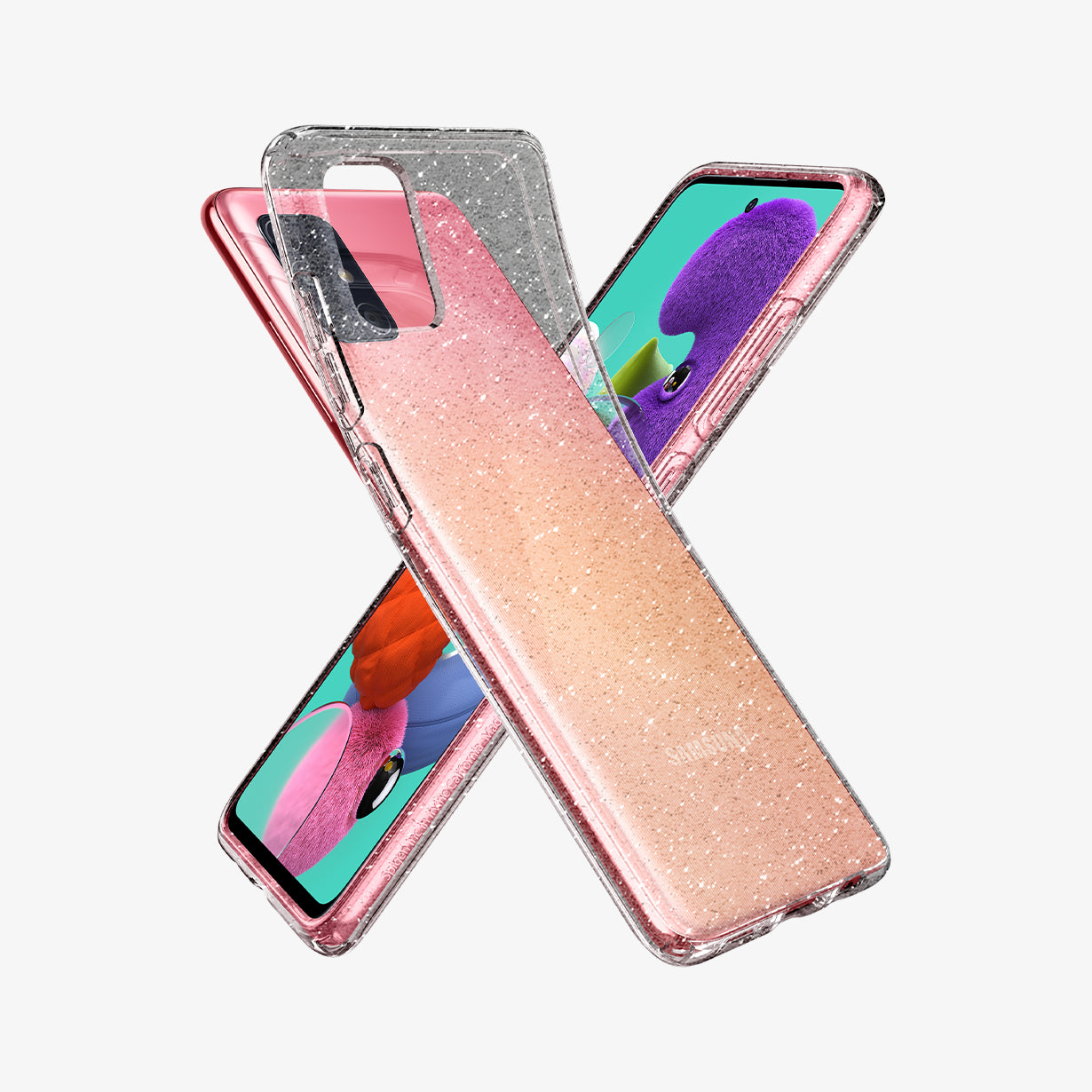 ACS00932 - Galaxy A51 Case Liquid Crystal Glitter in Crystal Quartz showing the tpu soft back case partially peeled from behind, facing a device showing partial front