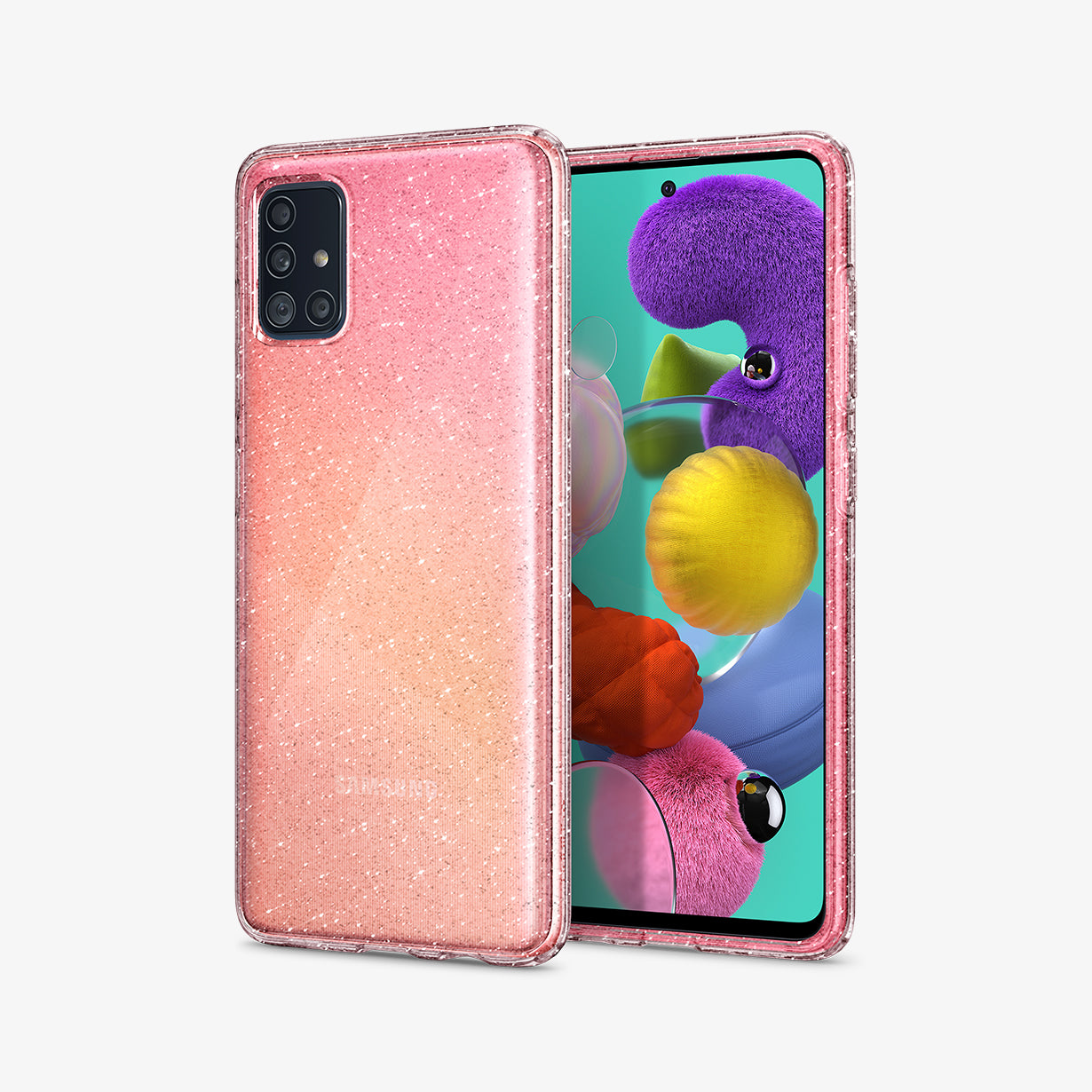 ACS00932 - Galaxy A51 Case Liquid Crystal Glitter in Crystal Quartz showing the back, next to it a device showing front