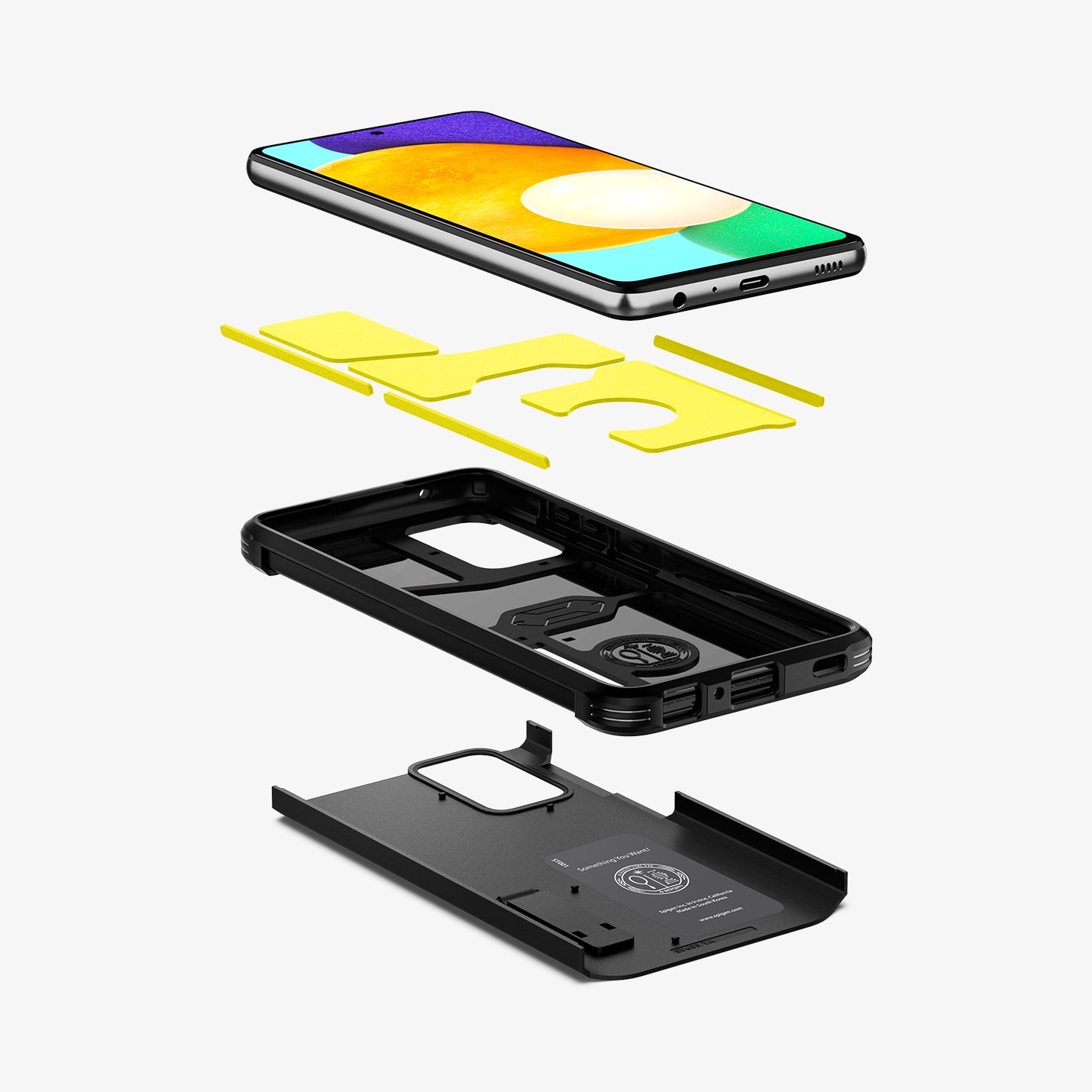 ACS02319 - Galaxy A52 Case Tough Armor in Black showing the front of a device hovering above the impact foam detached from the frame and back hard layer of the case