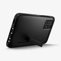 ACS02319 - Galaxy A52 Case Tough Armor in Black showing the back, partial bottom with a built-in kickstand propped up
