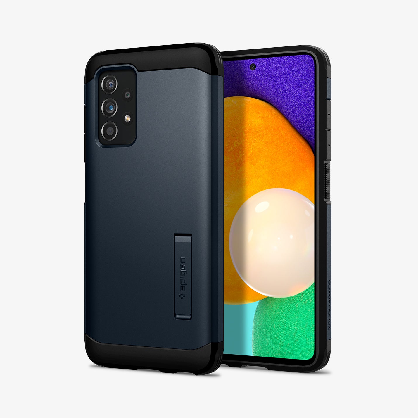 ACS02320 - Galaxy A52 Case Tough Armor in Metal Slate showing the back next to it, another device showing front