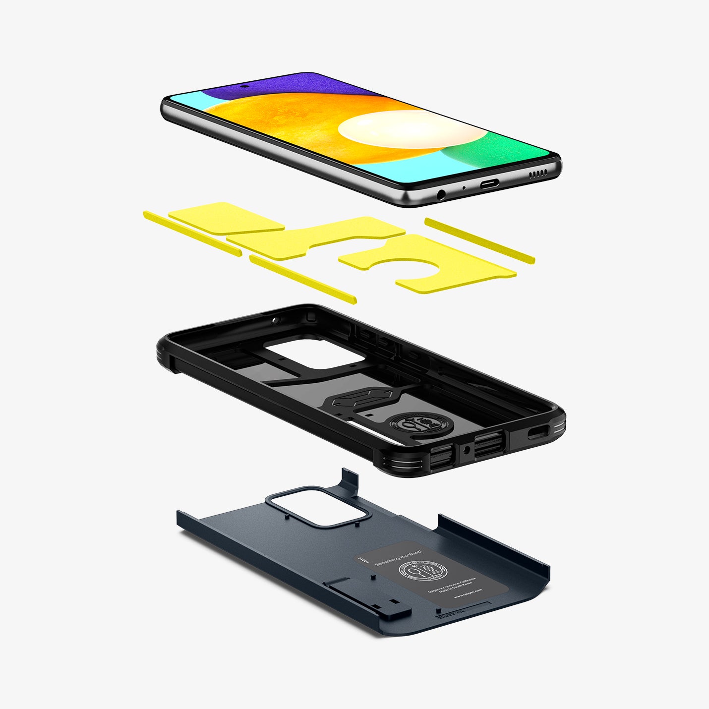 ACS02320 - Galaxy A52 Case Tough Armor in Metal Slate showing the front of a device hovering above the impact foam detached from the frame and back hard layer of the case