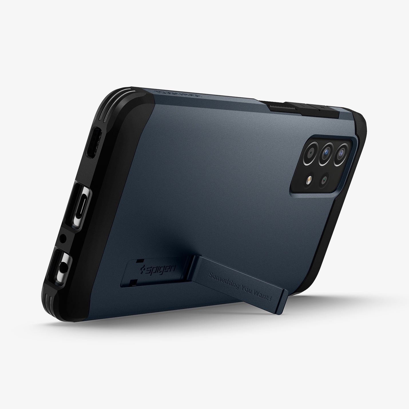 ACS02320 - Galaxy A52 Case Tough Armor in Metal Slate showing the back, partial bottom with a built-in kickstand propped up