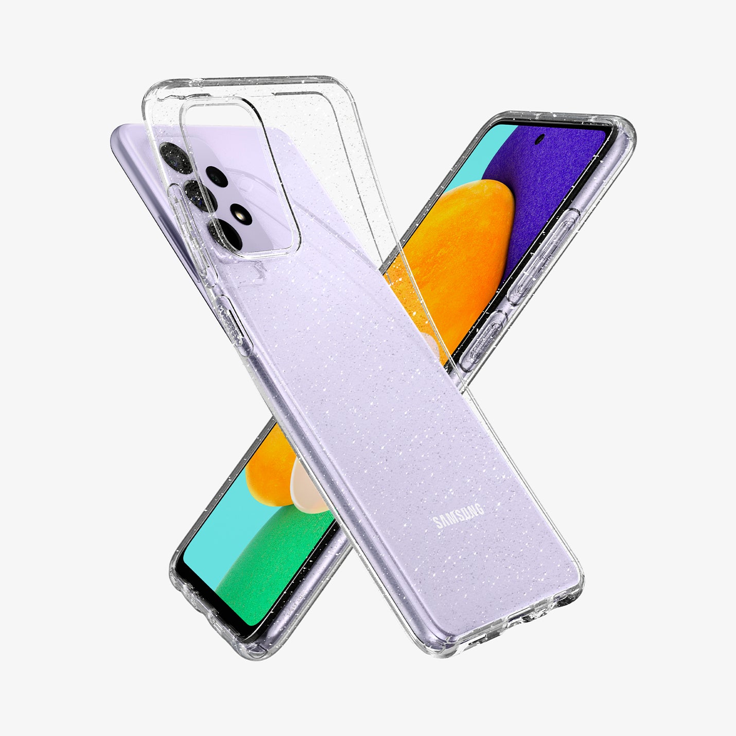 ACS02317 - Galaxy A52 Case Liquid Crystal Glitter in Crystal Quartz showing the tpu soft back case partially peeled from behind, facing a device showing partial front